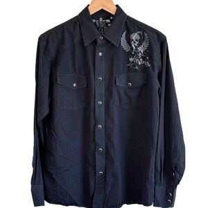 Micros Y2K Black Pearl Snap Western Skull Shirt Mens Small Cowboy Emo Skull